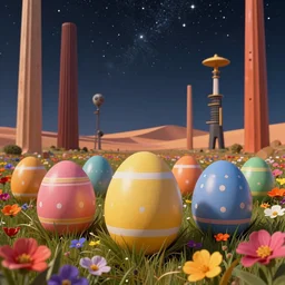 a beautiful up close view of a 3 d easter eggs in a field of multicolored colored flowers, underneath a star filled night sky, harold newton, zdzislaw beksinski, donato giancola, warm coloured, gigantic pillars and flowers, maschinen krieger, beeple, dune, ilm, atmospheric perspective