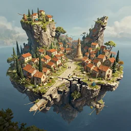 broken floating landscape. mediterranean village. fantastical, elaborate, awe, high detailed digital art trending in artstation