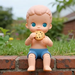 plastic doll with giant realistic hands eating a cookie sitting on brick wall, garden background, sky, photo, hd