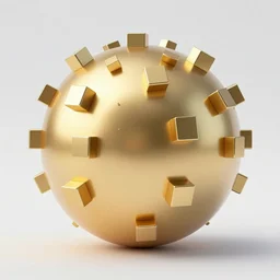 a photo of golden sphere with cubes scatter on the sphere, hyper realistic, hyper detailed
