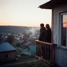 lomo photo of pair standing on small hrushevka balcony full with cigarette smoke in small russian town at sunset, cinestill, bokeh