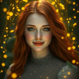 lovely woman, serene smile surrounded by golden firefly lights, amidst nature fully covered by a intricate detailed dress, long red hair, precise linework, accurate green eyes, small nose with freckles, smooth oval shape face, empathic, expressive emotions, spiritual scene, hyper realistic ultrafine art by artemisia gentileschi, jessica rossier, boris vallejo