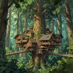 a suspended village built with wood and bridges high up a dense forest with many giant tall and large trees, ultra detailed, concept art, game art, matte painting, by tomasz alen kopera and peter mohrbacher, and michel - ange, artstation 8 k, greg rutkwowski, alphonse mucha, studio ghibli, hayao miyzaki, wlop, artstation, octane render