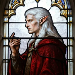 medieval stained glass window, side - view portrait of a stern male elf, pale, long white hair, pointy elf ears, red coat, masterful, backlit