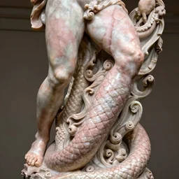 intricate and detailed Mermaid statue made on polished pinkish marble by Bernini and Antonio Corradini