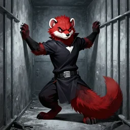 vampire : the masquerade ( world of darkness ) source book illustration of an anthropomorphic red - black furry weasel - ferret - stoat fursona ( from the furry fandom ) in prisoner's regalia, in a prison cell, scratching at the walls
