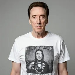 sharp portrait of nick cage wearing a tshirt with nick cage wearing a tshirt with nick cage print lost in liminal space, zeiss lens, aperture 1. 2, by evelyn de - morgan