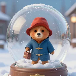 Paddington Bear trapped in a snow globe