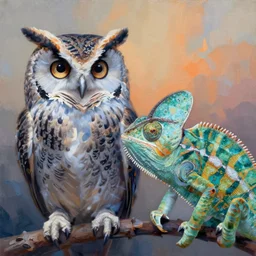 painting of hybrid between owl & chameleon, intercrossed animal, by zdzislaw beksinski, by lewis jones, by mattias adolfsson, by tiffany bozic, cold hue's, warm tone gradient background, concept art, beautiful composition, digital painting