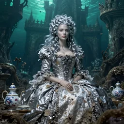 A silver haired mad princess from the 18th century, dressed in a ragged, dirty, 18th century silver wedding dress, is sits alone in addition to a porcelain set, in her underwater, precious, scarry castle mystical, atmospheric, greenish blue tones, underwater photography, concept art by Annie Stegg Gerard, Ian David Soar, John Anster Fitzgerald, and John Everett Millais