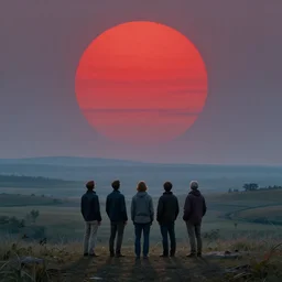 symmetry!! they looked in the distance, surreal landscape, big red orb in the sky, serene, peace, very detailed, perfect composition, perfect lighting, 4 k, trending on artstation, greg rutkowski, derek zabrocki, jacques - laurent agasse, tim white, artgerm