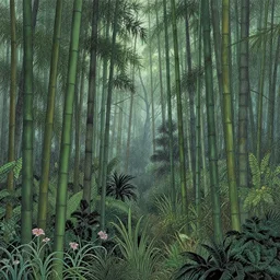 bamboo forest, lot of exotic vegetation, trees, flowers, dull colors, in the foggy huge forest, by victo ngai, moebius, jean giraud, intricate detailed
