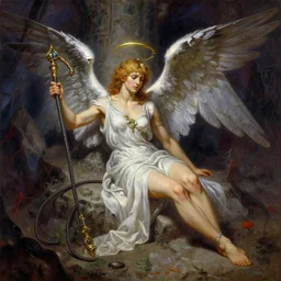 A fallen angel with a broken halo, wielding an enchanted whip, is exploring the grimdarkest dungeon depths. trending on Pixiv. trending on ArtStation. A vibrant painting. A highly detailed fantasy character illustration by Wayne Reynolds and Charles Monet and Gustave Dore and Carl Critchlow