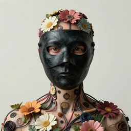 dark android ninja mask, a lot of flowers and wires on body, by francis bacon, by ayami kojima, by amano, by karol bak, greg hildebrandt, by mark brooks, by alex grey, by zdzisław beksinski, by takato yamamoto, radiant colors, ultra detailed, high resolution, wrapped thermal background