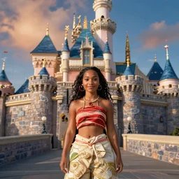 maui from moana at disneyland, standing in front of sleeping beauty castle, background is disneyland castle, realistic photo, as real person