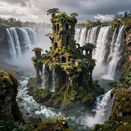 An underground rotting city full of moss and shrubbery, surrounded by endless waterfalls