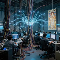 a room crowded with wires and computers and neural networks, zoomed out, sci - fi, ai, 4 k realistic, artem demura. alphonse mucha. wires!