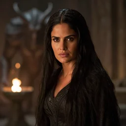 epic photo of salma hayek as beautiful wizard in lord of the rings with long straight black hair fighting the balrog in the mines of moria, sweaty, detailed eyes, neutral expression, shallow depth of field, photorealistic, cinematic lighting, lovely bokeh, dungeon setting, dark moody light, strong rim light, movie quality, fire light, lord of the rings 1 9 8 5, movie still