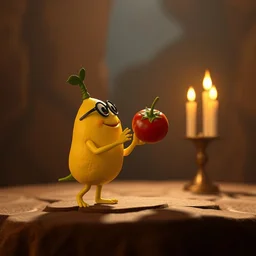 a well dressed lemon dancing with a tomato under romantic candlelight, nendoroid, in the croods movie style, anime, disney, pixar, 8 k, hd, dof, kodak film, volumetric lighting, subsurface scattering, photorealistic, octane render, details