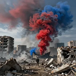 politics, destroyed landscape and buildings, dystopian, war, real, red and blue smoke, highly detailed 8k