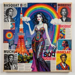 acrylic painting of a bizarre nightmare woman in a rainbow in tokyo, mixed media collage by basquiat and jackson pollock, maximalist magazine collage art, retro psychedelic illustration, 1 9 2 0 s