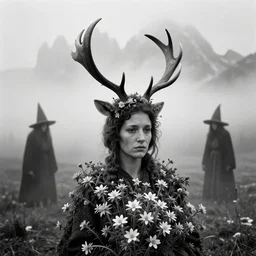 alpine _ female farmers _ head _ being _ overgrown _ by _ edelweiss _, antlers on head, much fog, witches, magic, dolomites _ dark _ black and white vintage photography by dennis villeneuve, cinestill _ eerie _ despair _ portrait _ photography _ artstation _ digital _ art _ adward _ winning