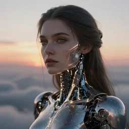 biblical shy beautiful female mage android robot, deep gaze to the side, closeup, bright glowing veins, in clouds, sunset, portrait, by gerald brom, by mikhail vrubel, by peter elson, muted colors, extreme detail, reflections, trending on artstation, 8 k