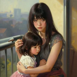 Kotomi Ichinose Playing with her daughter on the balcony, professional modeling, looking down on the camera, detailed, centered, digital painting, artstation, concept art, donato giancola, Joseph Christian Leyendecker, WLOP, Boris Vallejo, Breathtaking, 8k resolution, extremely detailed, beautiful, establishing shot, artistic, hyperrealistic, beautiful face, octane render, cinematic lighting, dramatic lighting, masterpiece