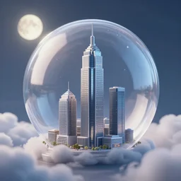 miniature skyscraper inside a bubble, surrounded by clouds, realistic 3 d render, unreal engine, maya, 8 k, smooth, sharp focus, octane, moonlight