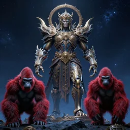 celestial still frame from'gods vs celestials'mcu movie, ancient mythological ornate god killer construct by hidetaka miyazaki, doom eternal biomechanical demon by beksinski and jakub rozalski, demonic gorilla with red fiber fur by chiharu shiota