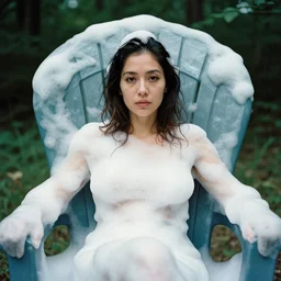 a color photograph, closeup portrait of a woman wrapped in foam, sitting in a plastic throne, in cuyahoga valley national park in ohio, color photograph, by vincent desiderio, canon eos c 3 0 0, ƒ 1. 8, 3 5 mm, 8 k, medium - format print