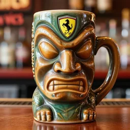 a closeup photorealistic photograph of a ferarri themed tiki mug at at a trader vic's bar featuring the face of young enzo ferrari and a ferarri logo shaped handle. tiki theme. bright scene. fine detail. this 4 k hd image is trending on artstation, featured on behance, well - rendered, extra crisp, features intricate detail, epic composition and the style of unreal engine.
