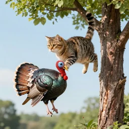 a cat riding a turkey gliding down from a tall tree