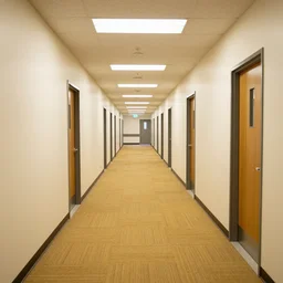 an empty school hallway with stained yellow carpet and flourescent lights