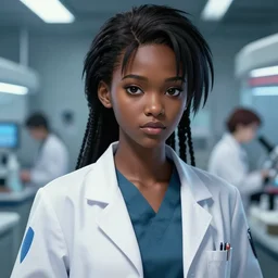 A beautiful young anime African-American dieselpunk scientist in a lab coat || very anime, fine-face, pretty face, realistic shaded Perfect face, fine details. Anime. realistic shaded lighting poster by Ilya Kuvshinov katsuhiro otomo ghost-in-the-shell, magali villeneuve, artgerm, Jeremy Lipkin and Michael Garmash and Rob Rey