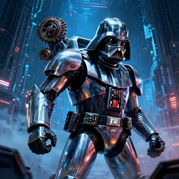a macro closeup film still photo of the chrome darth vader storm trooper cylon warror in a massive mass effect halo robot factory at night,blue haze, volume metric lighting, retracing, unreal, concept art cyperpunk video game poster design with intricate details :: action, gears of war, smoke, post apocalyptic, deathstar, Battlestar Galactica, neon lighting, lens flare, rich vibrant colors, High contrast, blizzard concept artist, acrion, Ralph McQuarrie, Roger Deakins, syd mead