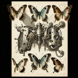 vintage botanical poster of mechanical cyberpunk butterflies, extremely detailed, very intricate