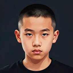 dramatic portrait of chinese boy buzz cut, vector art