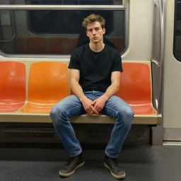a beautiful painting of a man wearing jeans and a black t - shirt sitting in a subway seat, rutkowski, concept art, cinematic lighting, trending on artstation