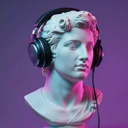 a roman bust wearing headphones listening to music, in the style of vaporwave, vaporwave style, 4k, hi res