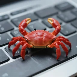 crab standing on a keyboard, toy by micheal lau