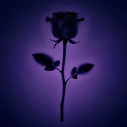 single long stem rose x-ray silloutte out on dark blue purple background, grainy vintage