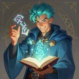 character concept portrait of happy Corbin Bleu as turquoise-haired wizard enchanting an iridescent rune, a floating spell book in the center, intricate, elegant, digital painting, concept art, smooth, sharp focus, illustration, from Metal Gear, by Ruan Jia and Mandy Jurgens and William-Adolphe Bouguereau, Artgerm