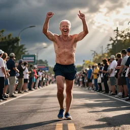 shirtless biden walking marathon hands in the air laughing hysterically