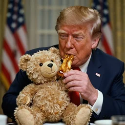 Donald Trump eating a teddy bear, 35mm photography