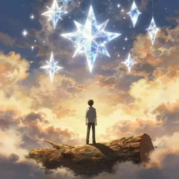 isekai masterpiece anime man standing tree log looking up at colossal crystalized stars, high noon, cinematic, very warm colors, intense shadows, layered stratocumulus clouds, anime illustration, anime screenshot composite background
