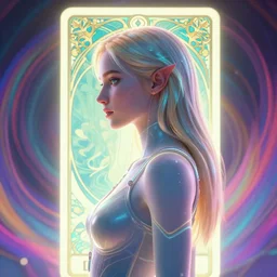 side portrait, imogen poots cyber paladin, gloomhaven, soft, smooth, luminescent, art nouveau tarot, backlit glow, colorful swirly ripples, gaudy colors, aesthetic octane render, unreal engine, 8 k, by greg rutkowski, jesper ejsing, rhads, ilya kuvshinov, cushart krenz
