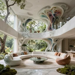 highly detailed villa natural beautiful light interior soft cinematic composition of a smooth ceramic porcelain biomorphic magnolia stone nebula fluid sci - fi surreal colorful architecture landscape, furniture, granite, trees, marble, moss, lichen, fungi, vincent callebaut composition, mamou - mani, archviz, 8 k, unreal engine, hdr