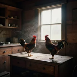 a film production still, 2 8 mm, wide shot of a cabin interior, rooster, wooden furniture, cobwebs, spiderwebs, window light illuminates dust in the air, abandoned, depth of field, cinematic