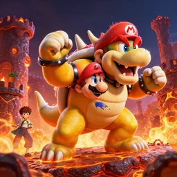 mario fight bowser in lava castle, cinematic lighting, inspired by yuasa masaaki and Havao Miyazaki, wide angle, intense, cgsociety, 4k detailed, octane render